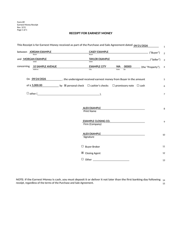 Earnest Money Deposit Receipt editable example