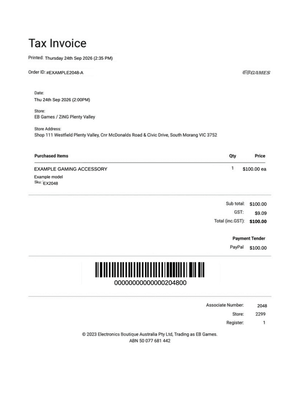 EB Games Tax Invoice editable example