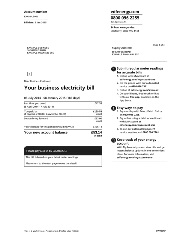 EDF Business Electricity Bill editable example