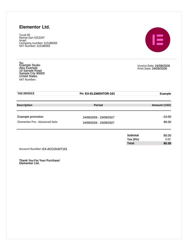 Elementor Tax Invoice editable example