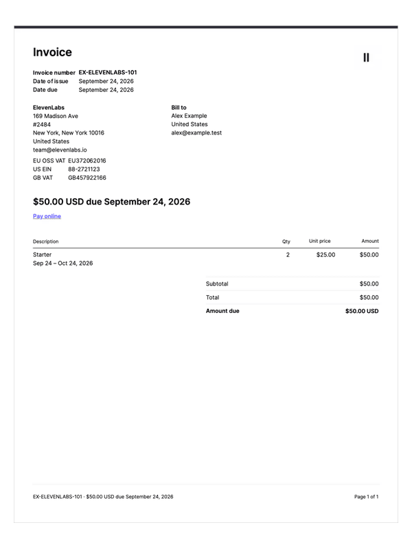 ElevenLabs Subscription Invoice editable example