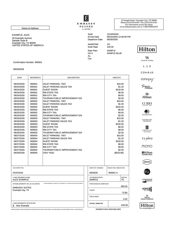 Embassy Suites Receipt editable example