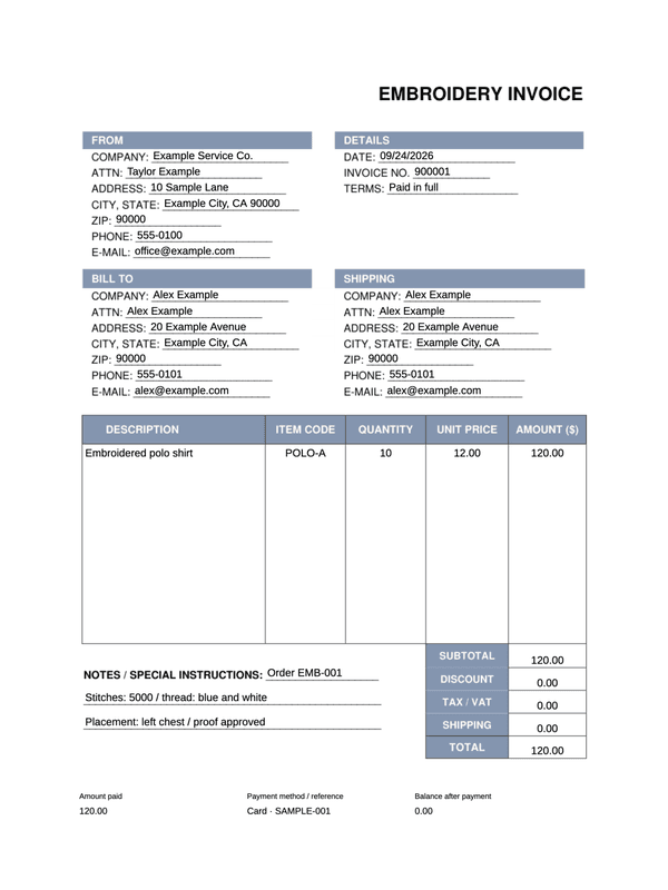 Embroidery Service Receipt editable example