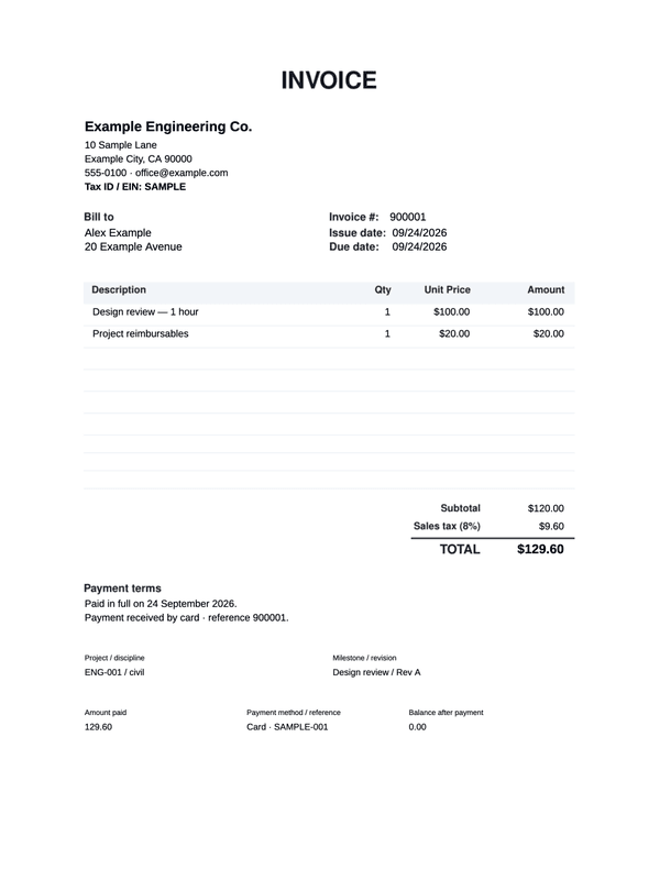 Engineering Services Receipt editable example