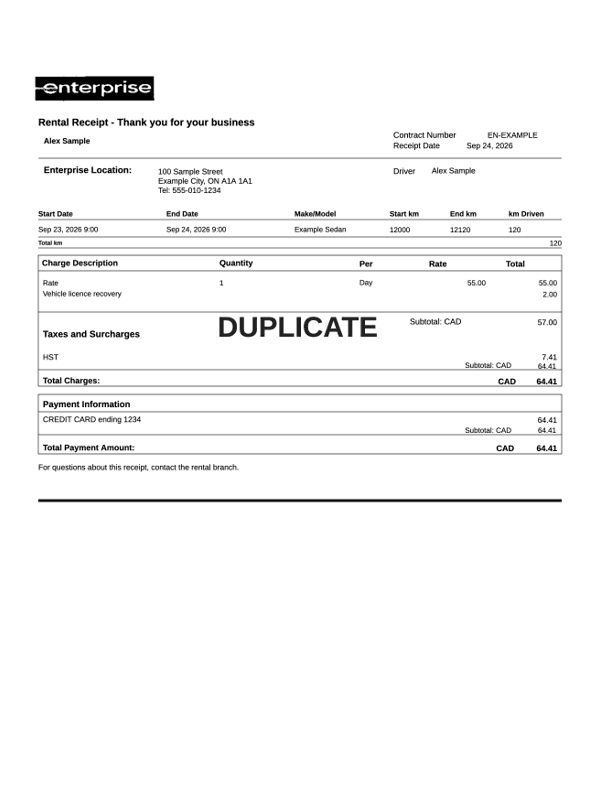 Enterprise Car Rental Receipt editable example