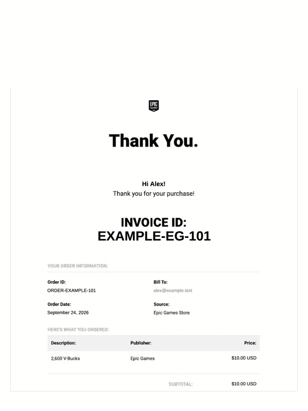 Epic Games Store Receipt editable example