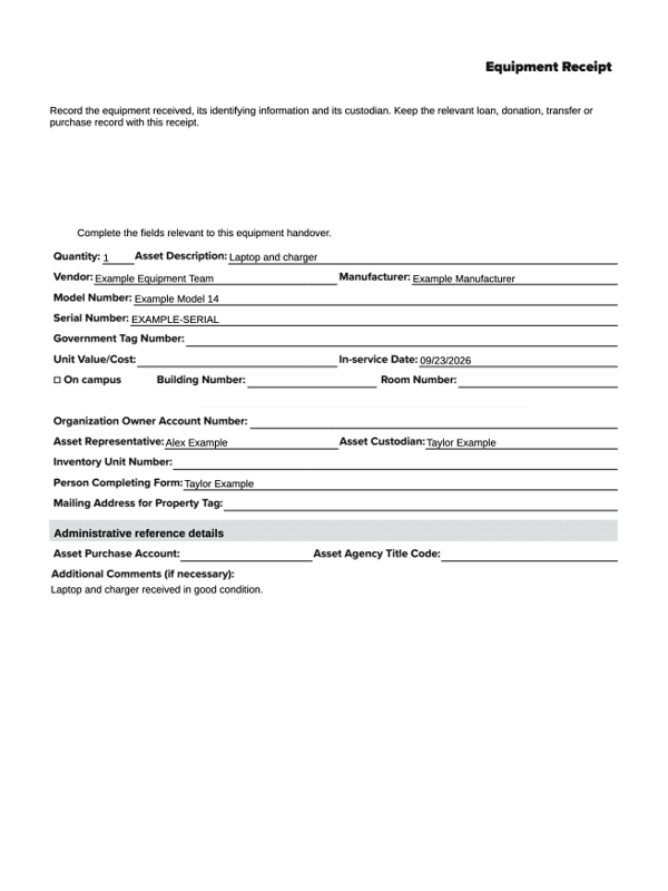 Equipment Handover Receipt editable example