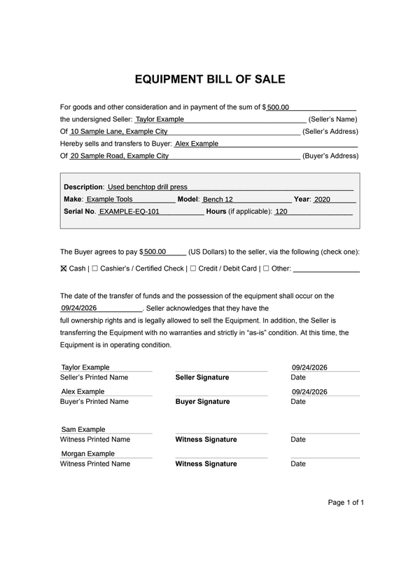 Equipment Sale Receipt editable example