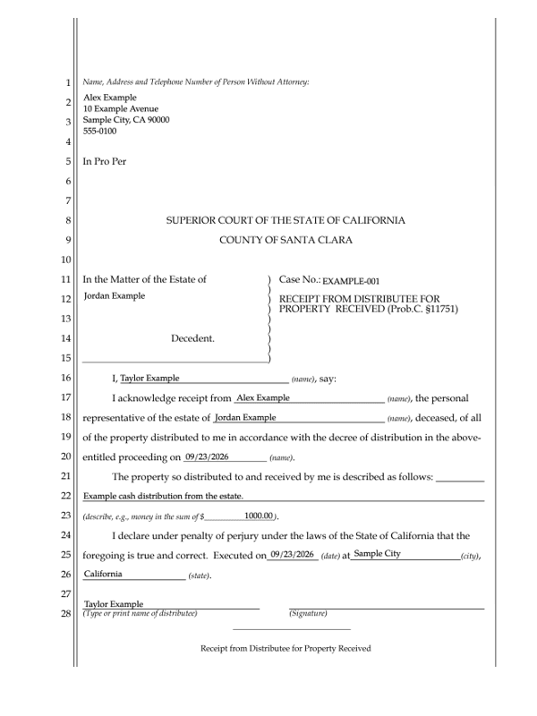 Estate Distribution Receipt editable example