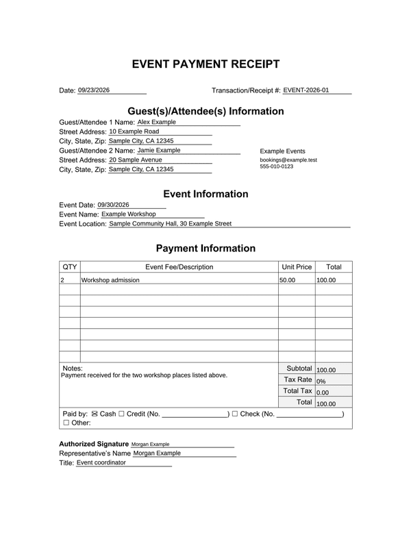 Event Payment Receipt editable example