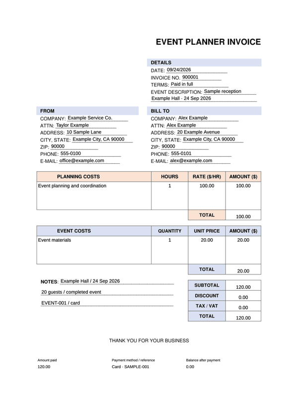 Event Planning Receipt editable example