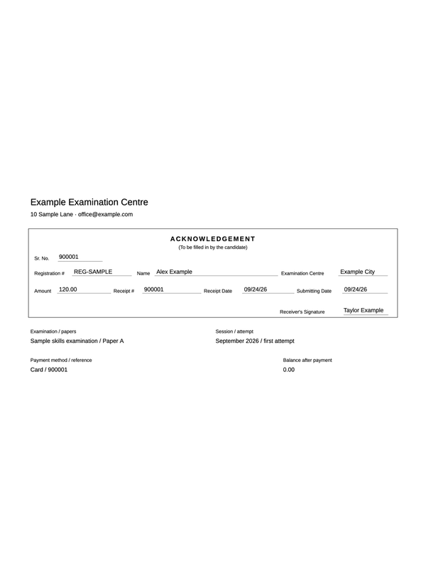Examination Fee Receipt editable example