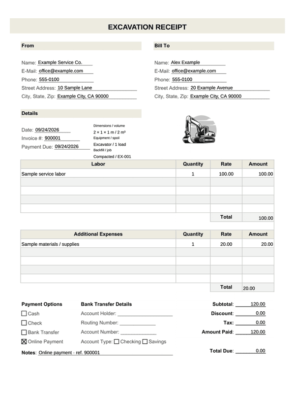 Excavation Receipt editable example