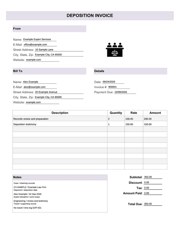 Expert Witness Deposition Invoice editable example