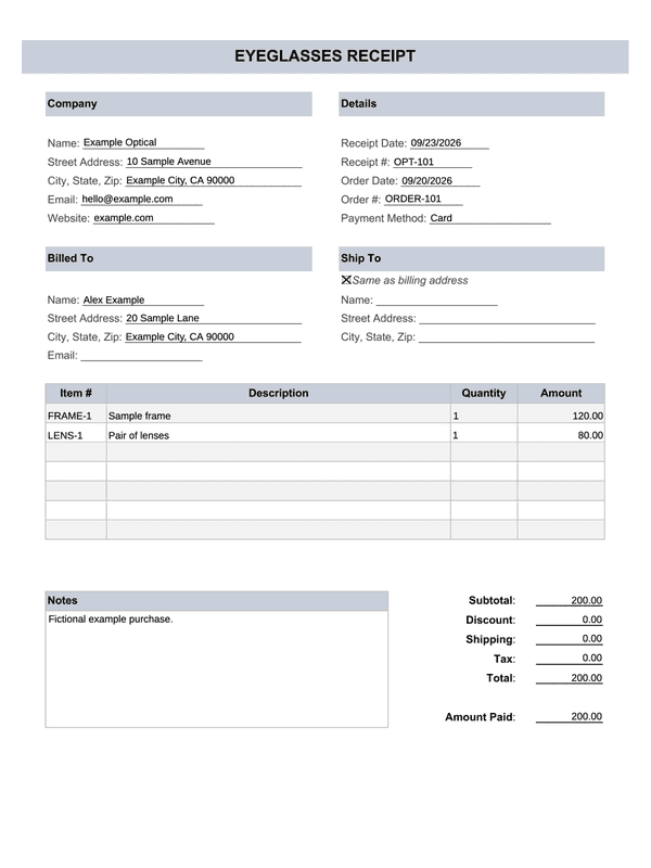 Eyeglasses Receipt editable example