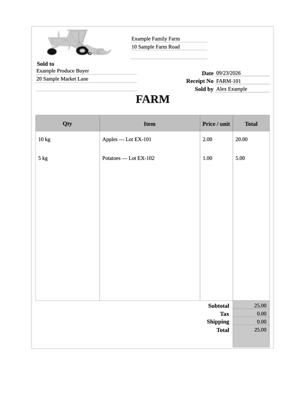 Farm Produce Sale Receipt editable example