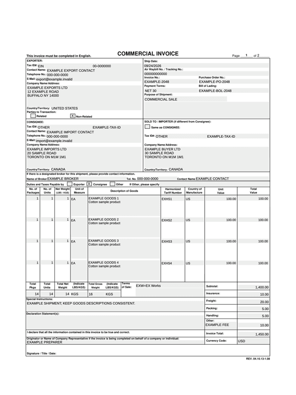 FedEx Commercial Invoice editable example