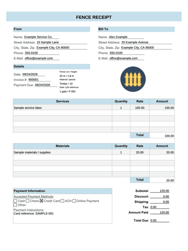 Fence Installation Receipt editable example