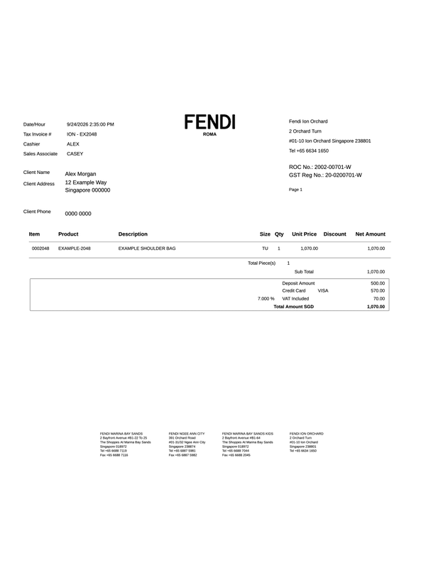Fendi Singapore Tax Invoice editable example