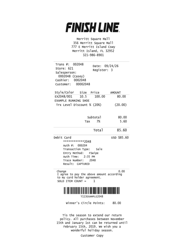 Finish Line Store Receipt editable example
