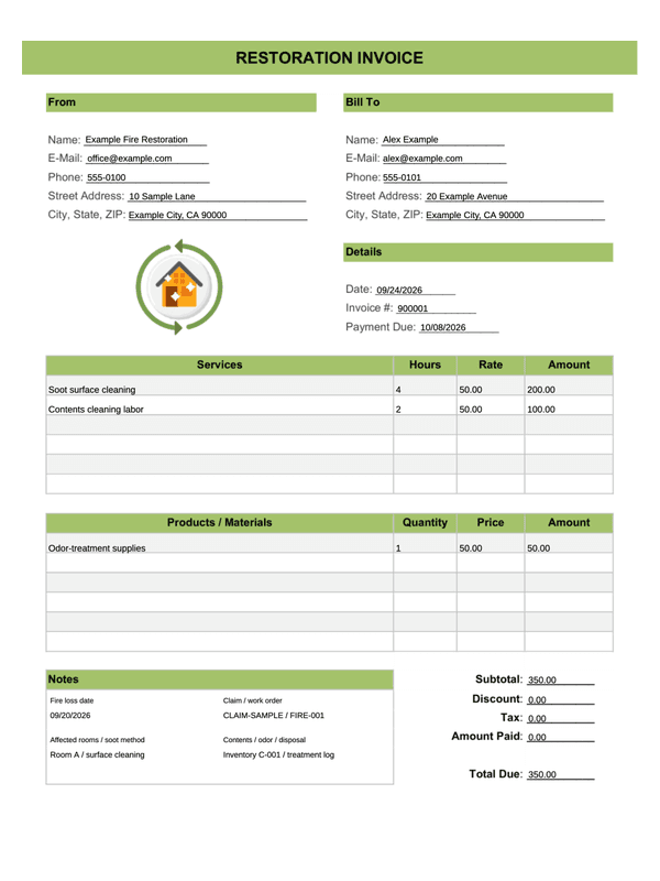 Fire and Smoke Restoration Invoice editable example
