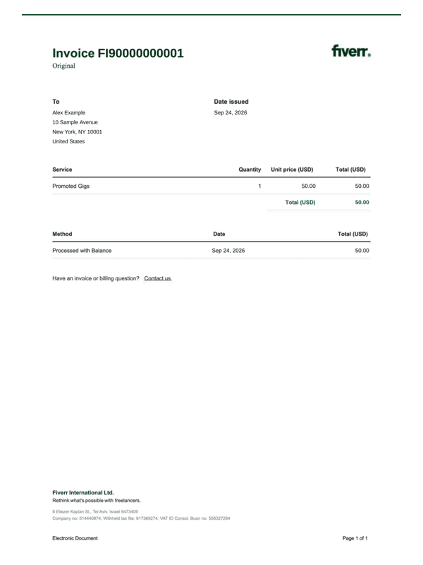 Fiverr Promoted Gigs Invoice editable example