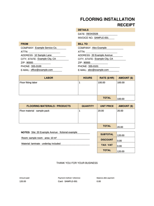 Flooring Installation Receipt editable example