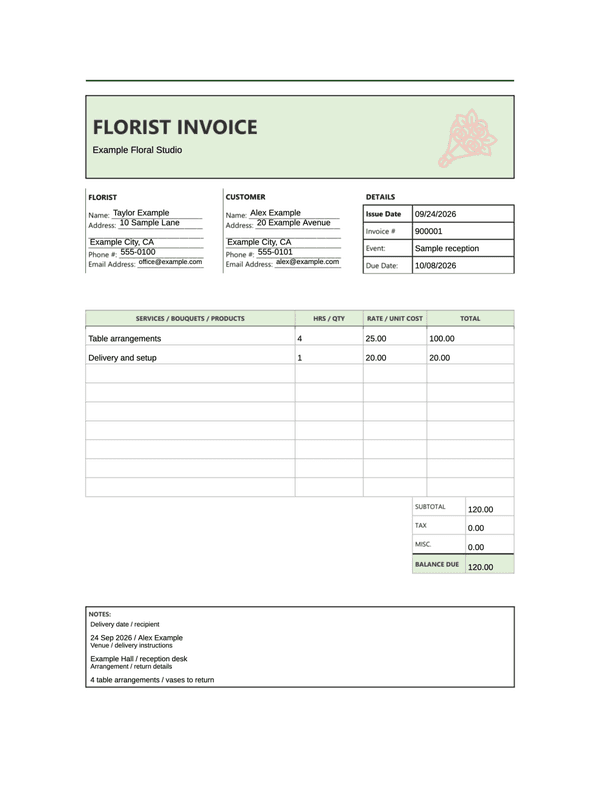 Florist Invoice editable example
