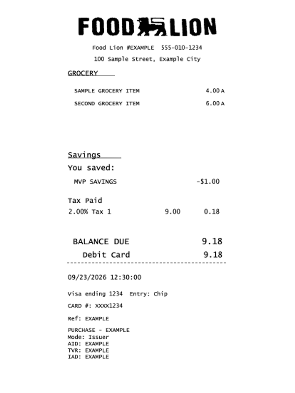 Food Lion Receipt editable example