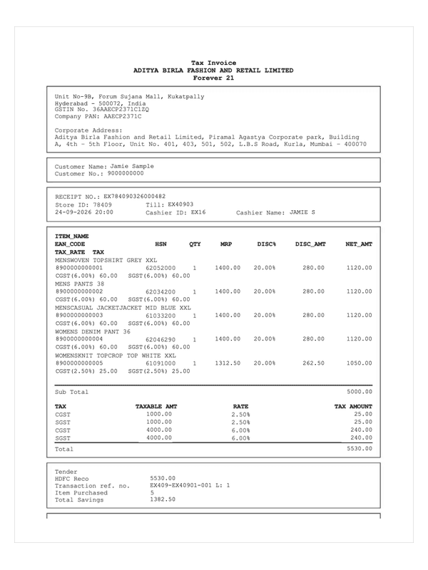 Forever 21 Receipt editable example
