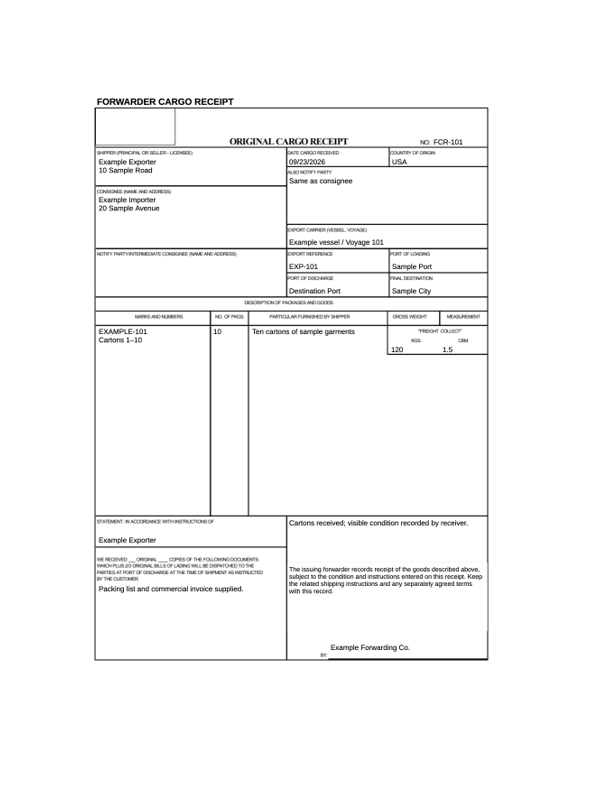 Forwarder Cargo Receipt editable example