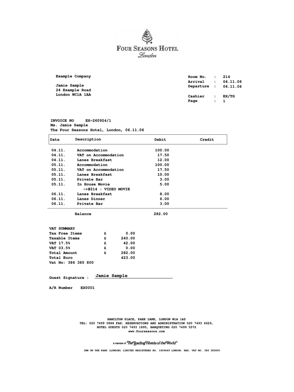 Four Seasons Receipt editable example
