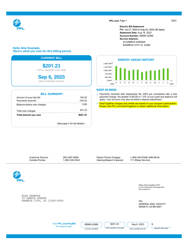 FPL Electricity Bill editable example