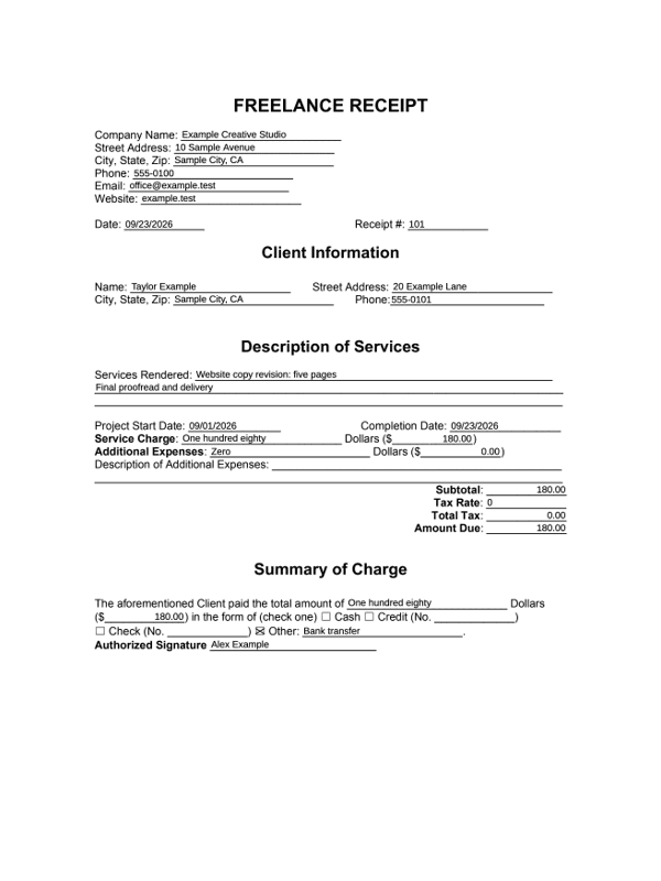 Freelance Payment Receipt editable example