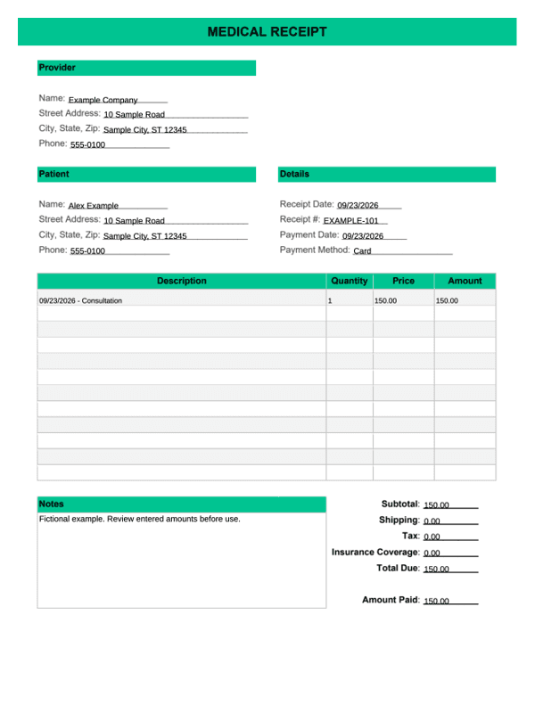 Itemized Healthcare Receipt editable example