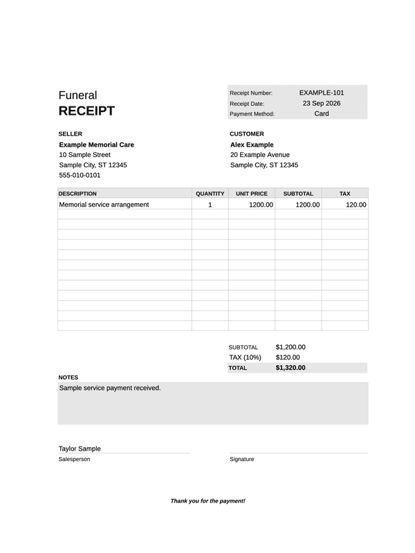 Funeral Service Receipt editable example