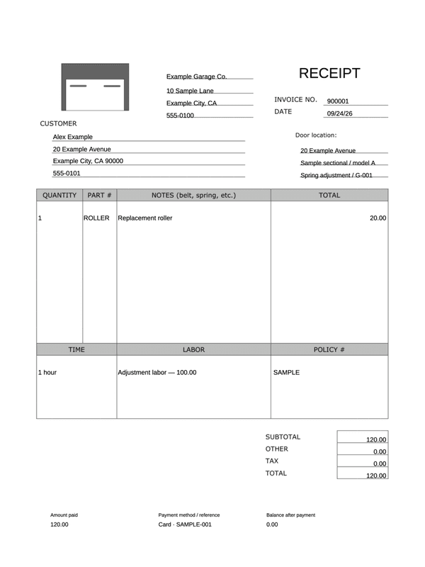 Garage Door Repair Receipt editable example