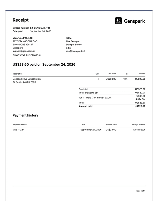 Genspark Subscription Receipt editable example