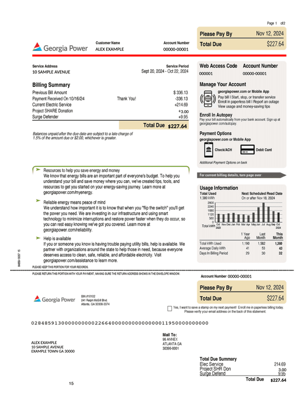 Georgia Power Electricity Bill editable example