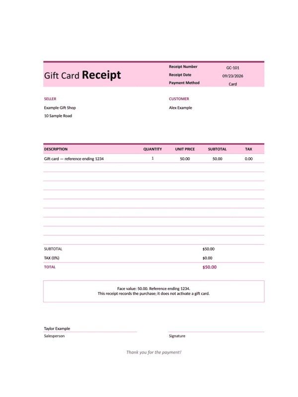 Gift Card Purchase Receipt editable example