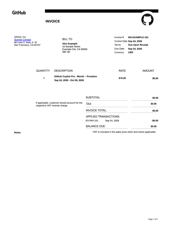 GitHub Subscription Invoice editable example