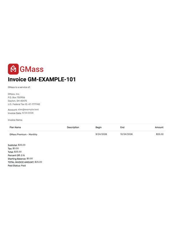 GMass Subscription Invoice editable example