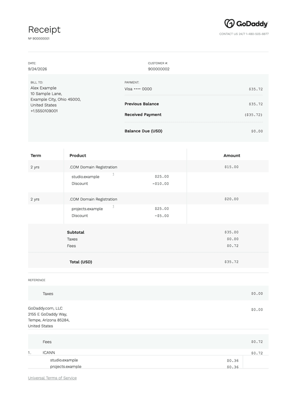 GoDaddy Domain Receipt editable example