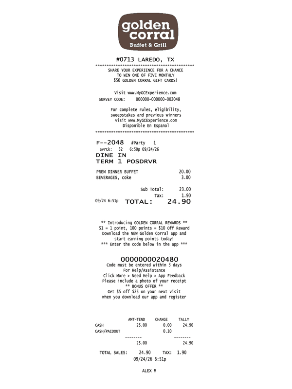 Golden Corral Buffet Receipt editable example