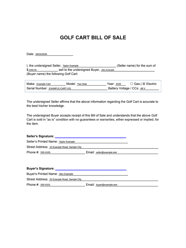 Golf Cart Sale Receipt editable example