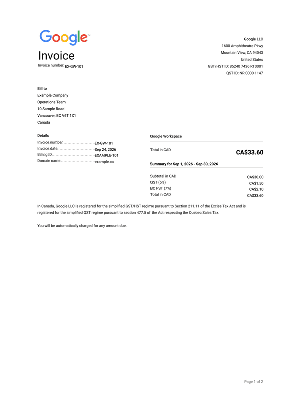 Google Workspace Invoice editable example