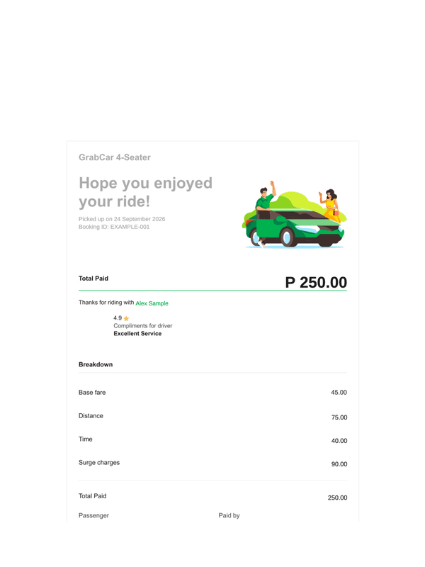 Grab Ride E-Receipt editable example