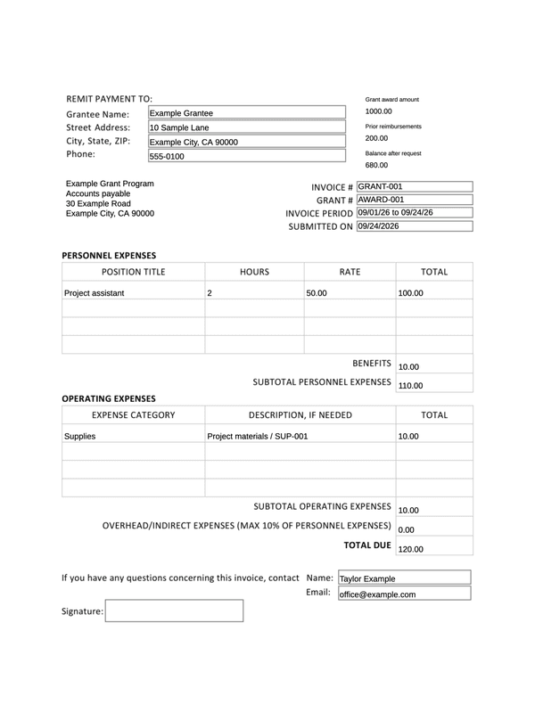 Grant Reimbursement Invoice editable example