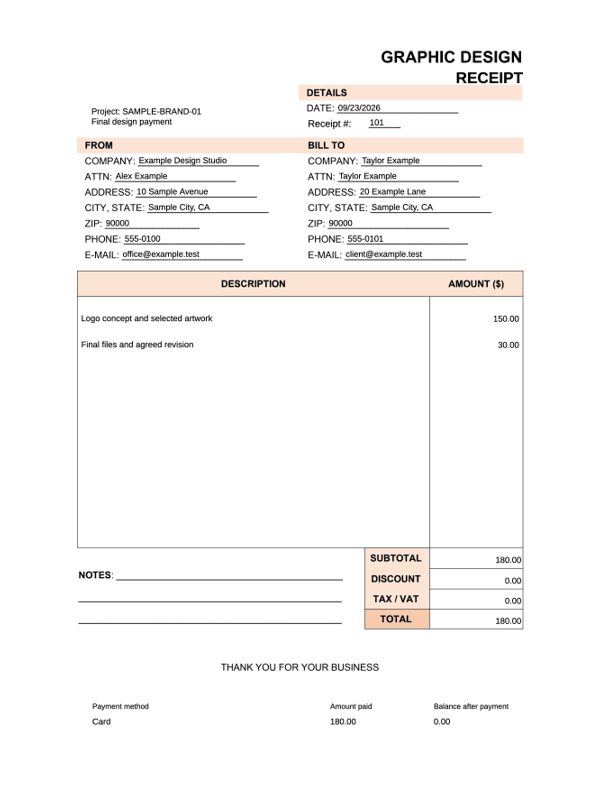 Graphic Design Receipt editable example