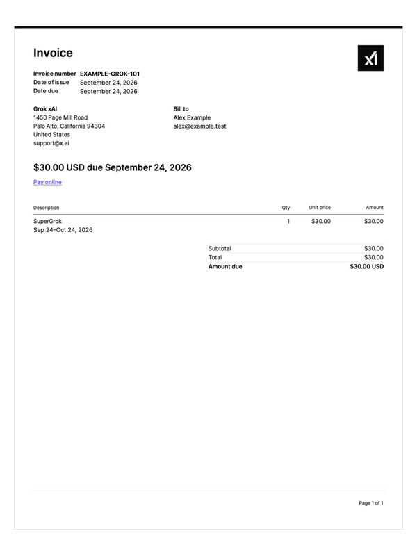 Grok SuperGrok Invoice editable example